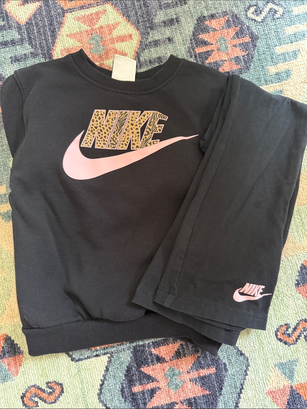 Nike Black Sweatshirt and Leggings with Pink Swoosh and Leopard Logo